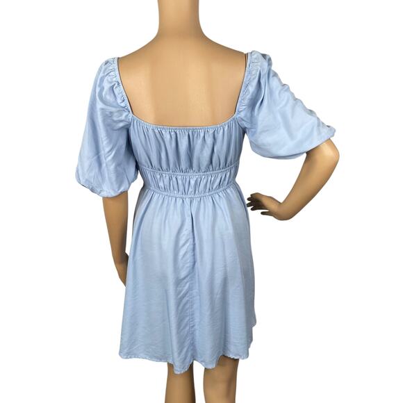 Cider NEW Pastel Blue Milkmaid Babydoll Puff Sleeve Dress SZ S - Picture 8 of 10